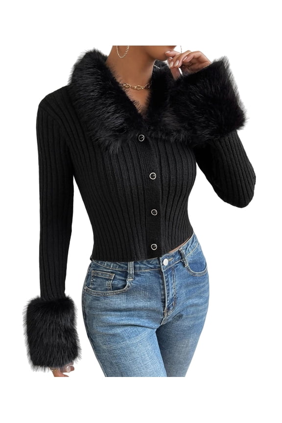 Women'S Sweaters Faux Fur Button Down Long Sleeve Fuzzy Rib Knit Cardigan Sweater Black S