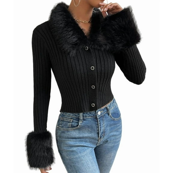 Women'S Sweaters Faux Fur Button Down Long Sleeve Fuzzy Rib Knit Cardigan Sweater Black S