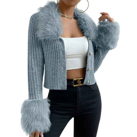 Women'S Sweaters Faux Fur Button Down Long Sleeve Fuzzy Rib Knit Cardigan Sweater Blue S