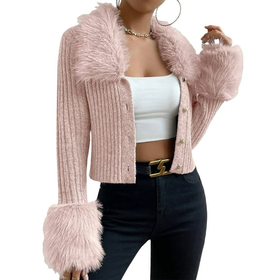 Women'S Sweaters Faux Fur Button Down Long Sleeve Fuzzy Rib Knit Cardigan Sweater Pink M