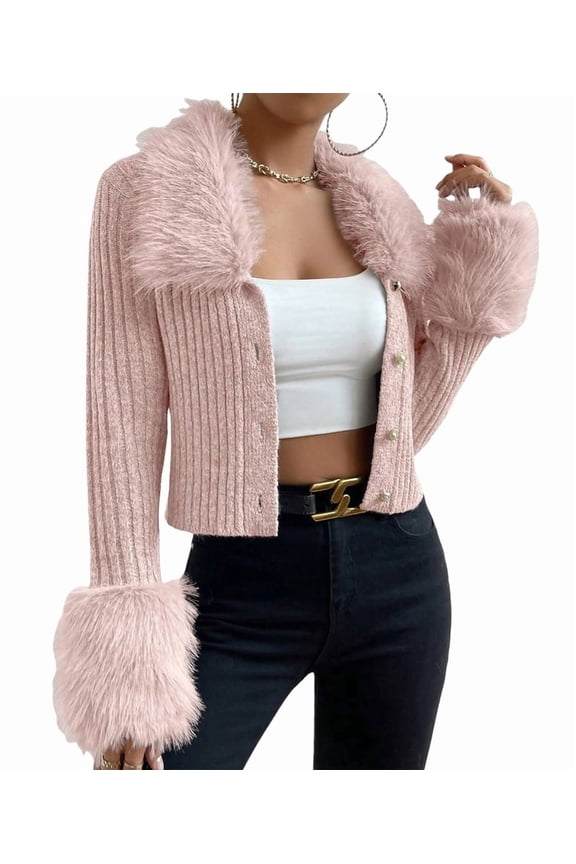 Women'S Sweaters Faux Fur Button Down Long Sleeve Fuzzy Rib Knit Cardigan Sweater Pink M