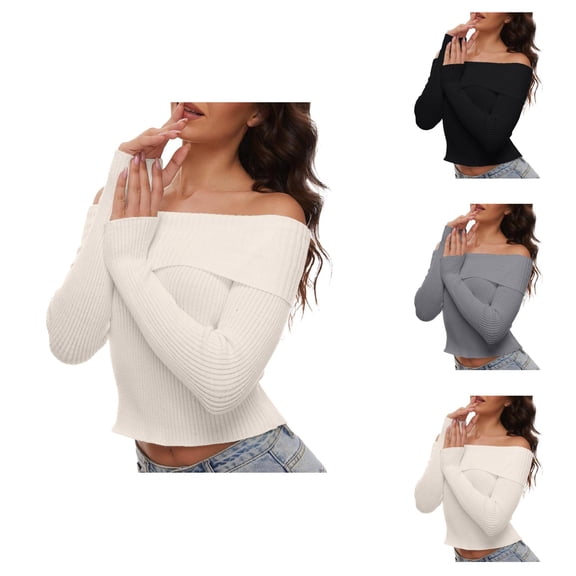 Women'S Sweaters, Off Shoulder Sweaters for Women, Fall Long Sleeve Ribbed Knit, Fitted Pullover Blouse