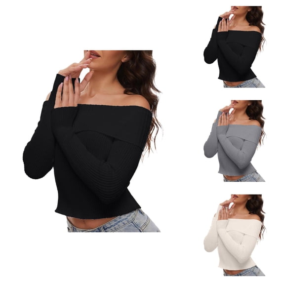 Women'S Sweaters, Off Shoulder Sweaters for Women, Fall Long Sleeve Ribbed Knit, Fitted Pullover Blouse