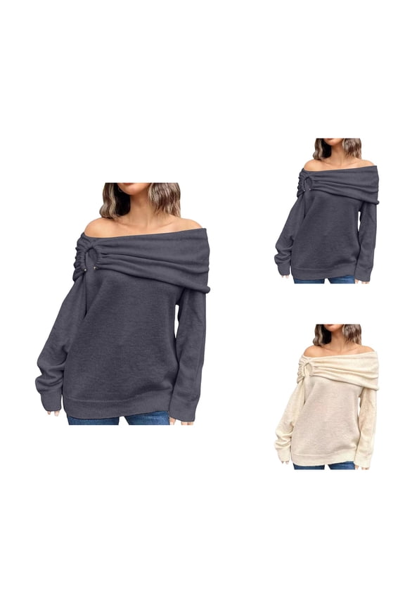 Women'S Sweaters, Off Shoulder Sweaters for Women, Knitted Fold Over Pullover, Long Sleeve for Fall Season