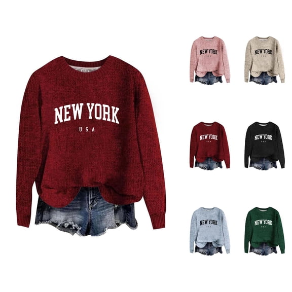 Women'S Sweaters, Round Neck Sweaters for Women, Letter Printed Long Sleeve, Autumn Winter Casual Comfort