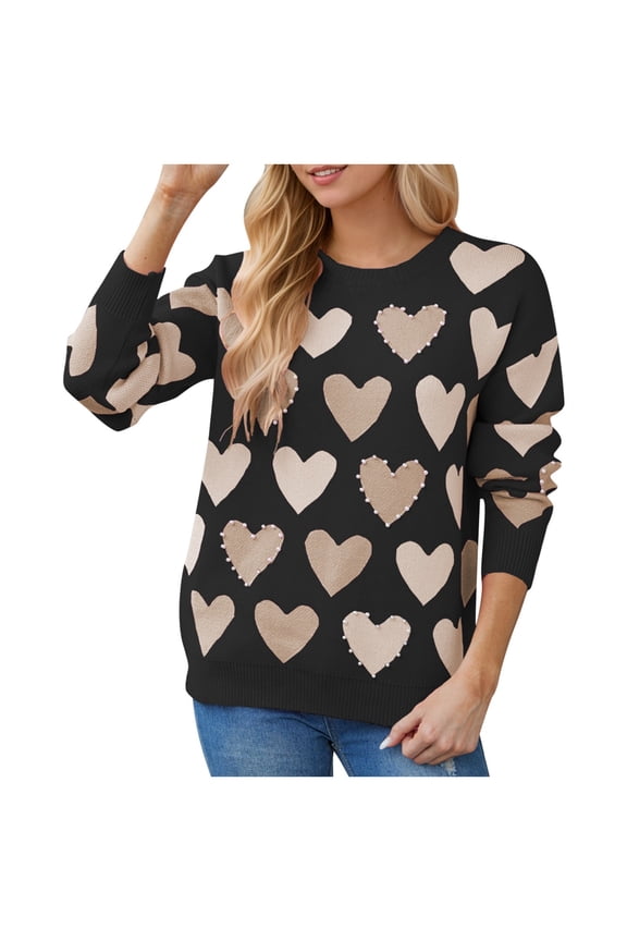 Women'S Sweaters Trendy Valentine's Day Round Neck Heart Peach Pullover Knitted Tops for Women,Black,M