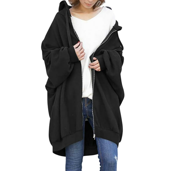 Women'S Sweatshirt Fashion Loose Solid Color Streetwear Pocket Zipper Drawstring Long Sleeved Hoodie Sweater Coat