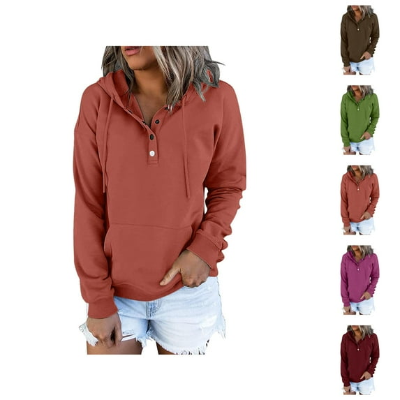 Women'S Sweatshirt Women's Solid Sweatshirt Pullover For Womens Button Down Hoodies Drawstring Hooded Pocket Casual Long Sleeve V Neck Sweatshirts
