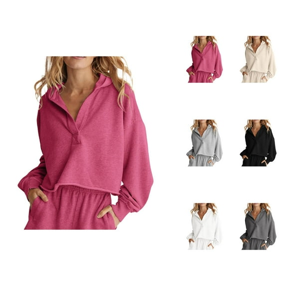 Women'S Sweatshirts Women's Solid Color Sweatshirt Fashion Loose Fashion Hooded Hoodie Women Spring And Autumn V Neck Blouse Long Sleeved Shirt