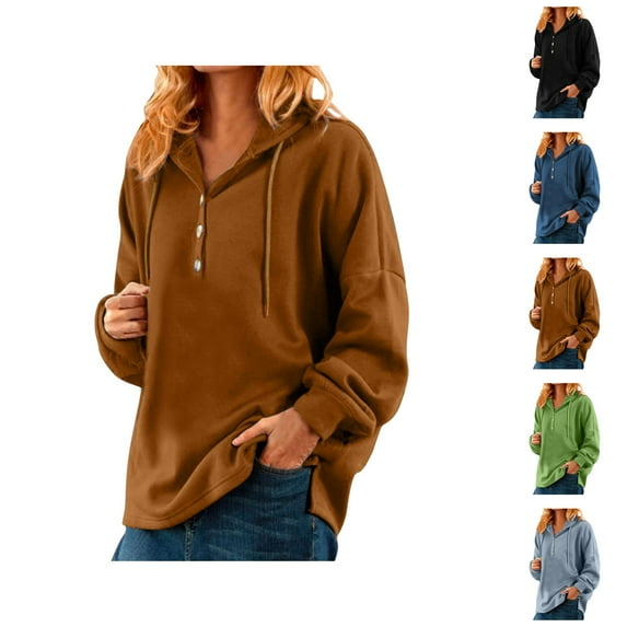 Women'S Sweatshirts Women's Solid Color Sweatshirt Women's Casual Long Sleeve Solid Color Button Down Pullover Hoodie Sweatshirt Tops Blouse
