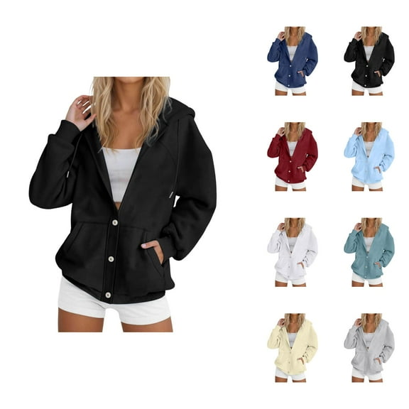 Women'S Sweatshirts Women's Solid Color Sweatshirt Women's Zip Up Hoodie Casual Button Front Jacket Soft Warm Winter Outerwear Cozy Pullover Sweatshirt For Everyday Wear