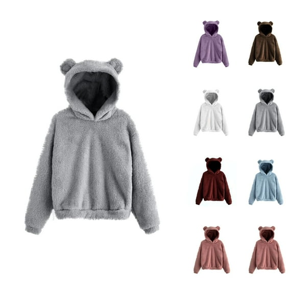 Women'S Sweatshirts Women's Solid Color Sweatshirt Womens Hoodies Cute Bear Ears Hooded Sweatshirts Coat Warm Pullover Tops Casual Loose Fall Outwear