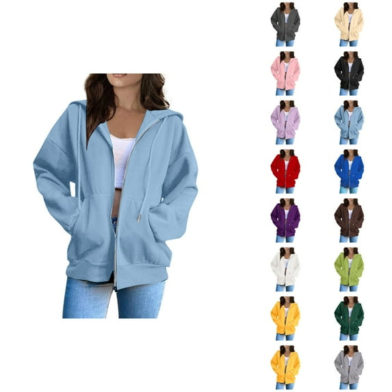 Women'S Sweatshirts Women's Solid Sweatshirt Women Fashion Solid Loose Hooded Zipper Hoodie Long Sleeve Jacket