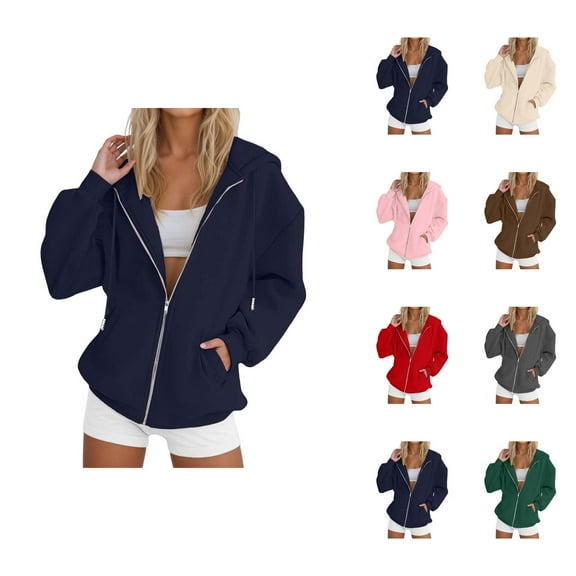 Women'S Sweatshirts Women's Solid Sweatshirt Women Fashion Solid Loose Hooded Zipper Hoodie Long Sleeve Jacket