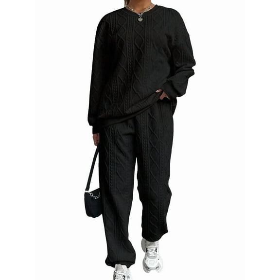 Women'S Sweatsuit 2 Piece Outfit, Plain Oversized Crewneck Sweatshirt and Sweatpants Set, Pullover Lounge Sets Black S