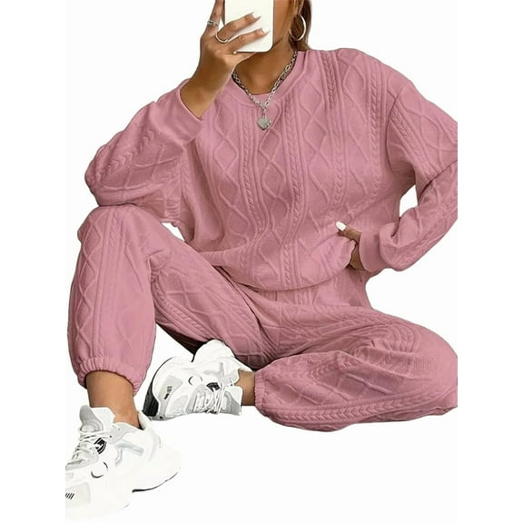 Women Sets 2 Piece Outfits Crewneck Sweatshirts Pullover Tops and Jogger Pants Tracksuits Lounge Set Pink L