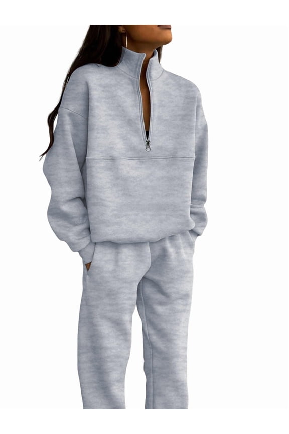 Women'S Sweatsuit Sets 2 Piece Fleece Outfit Half Zip Sweatshirt and Joggers Pants Tracksuit Light Gray XL