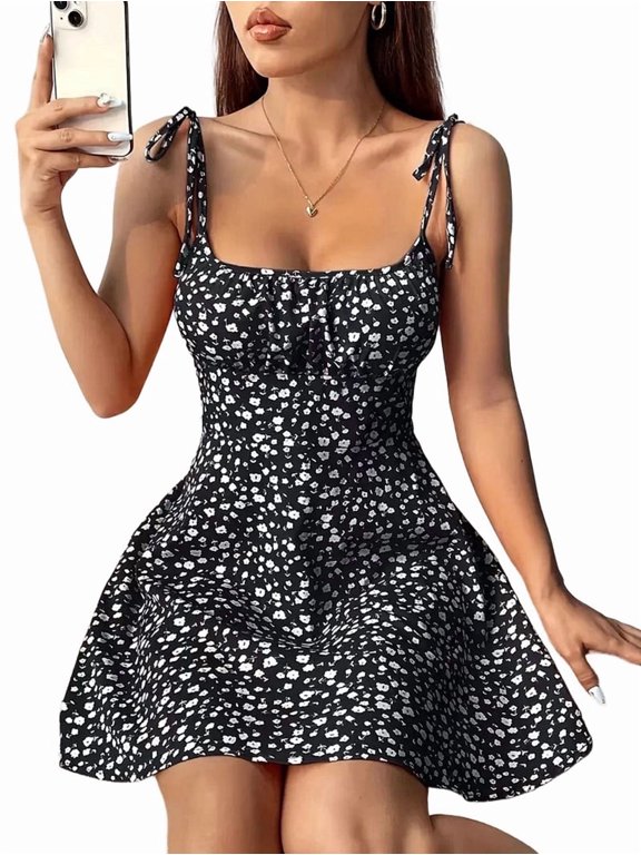 Women'S Sweet A Line Flared Mini Dress Loose Fit Slimming Casual Summer Chic Day Dress Black L