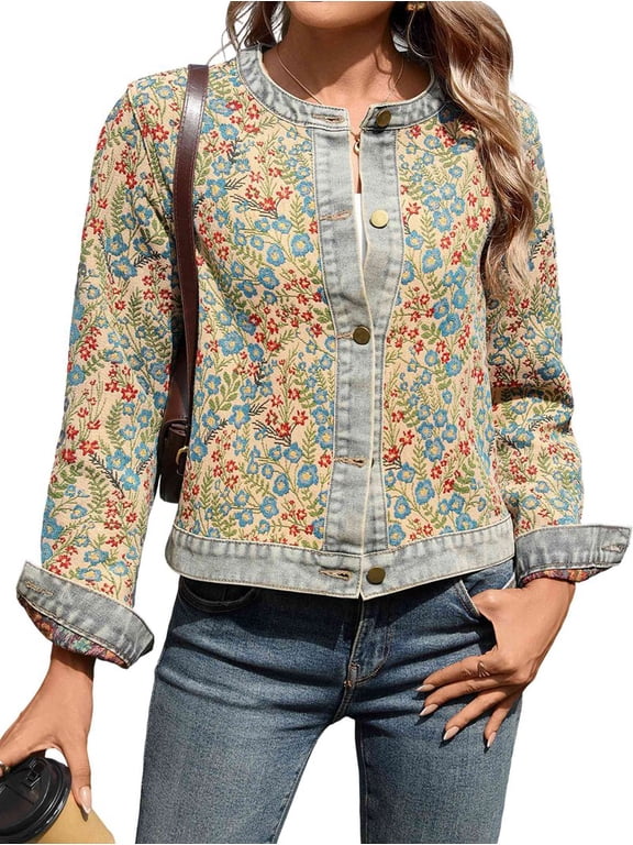 Women'S Sweet Crew Neck Long Sleeve Jacquard Denim Jacket As Shown M