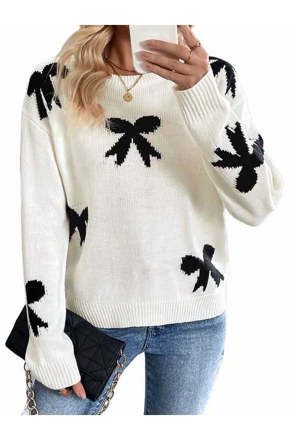 Women'S Sweet Girl Style Round Neck Jacquard Long Sleeve Autumn and Winter Sweater Tops Cream White M