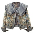 thumbnail image 1 of Women'S Sweet Pan Collar Long Sleeve Jacquard Denim Jacket Blue S, 1 of 9