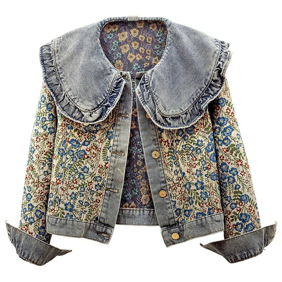 Women'S Sweet Pan Collar Long Sleeve Jacquard Denim Jacket Blue XXXL