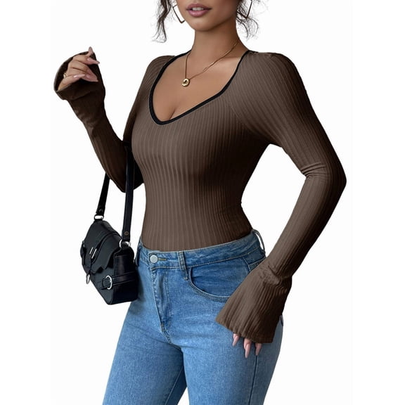 Women'S Sweetheart Neck Fitted T Shirts Long Bell Sleeve Ribbed Knit Tops Brown M