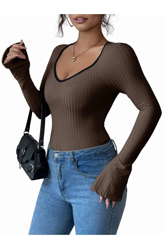 Women'S Sweetheart Neck Fitted T Shirts Long Bell Sleeve Ribbed Knit Tops Brown XL