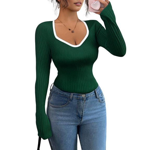 Women'S Sweetheart Neck Fitted T Shirts Long Bell Sleeve Ribbed Knit Tops Green XL
