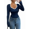 thumbnail image 1 of Women'S Sweetheart Neck Fitted T Shirts Long Bell Sleeve Ribbed Knit Tops Navy Blue L, 1 of 7