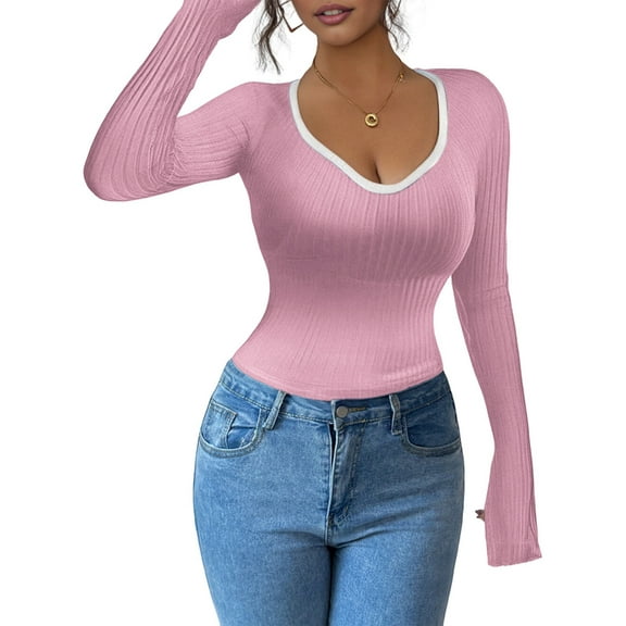 Women'S Sweetheart Neck Fitted T Shirts Long Bell Sleeve Ribbed Knit Tops Pink M