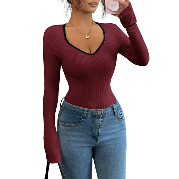Women'S Sweetheart Neck Fitted T Shirts Long Bell Sleeve Ribbed Knit Tops Wine Red M