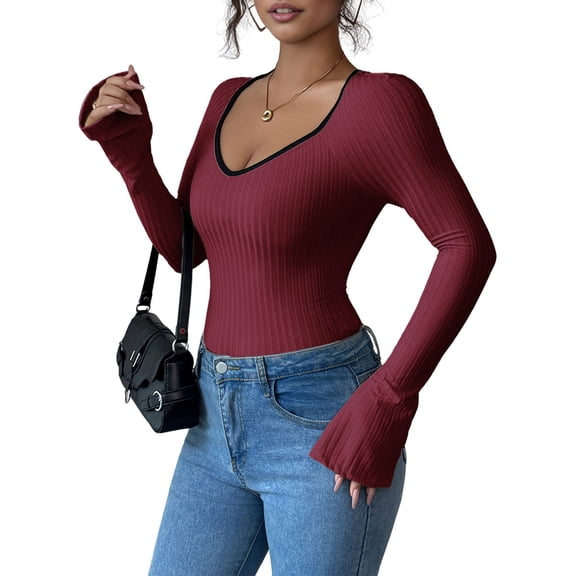 Women'S Sweetheart Neck Fitted T Shirts Long Bell Sleeve Ribbed Knit Tops Wine Red S