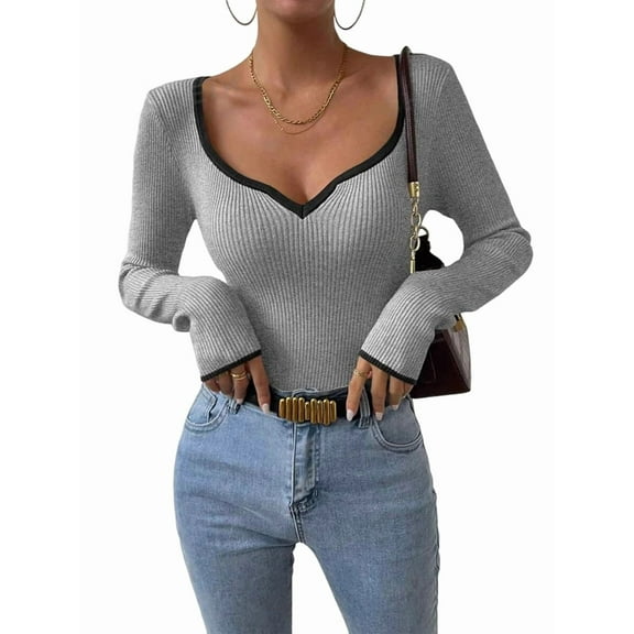 Women'S Sweetheart Neck Long Sleeve T Shirt Rib Knitted Contrast Binding Tee Tops Grey L