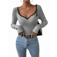 thumbnail image 1 of Women'S Sweetheart Neck Long Sleeve T Shirt Rib Knitted Contrast Binding Tee Tops Grey XL, 1 of 6