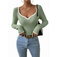 thumbnail image 1 of Women'S Sweetheart Neck Long Sleeve T Shirt Rib Knitted Contrast Binding Tee Tops Light Green XL, 1 of 6