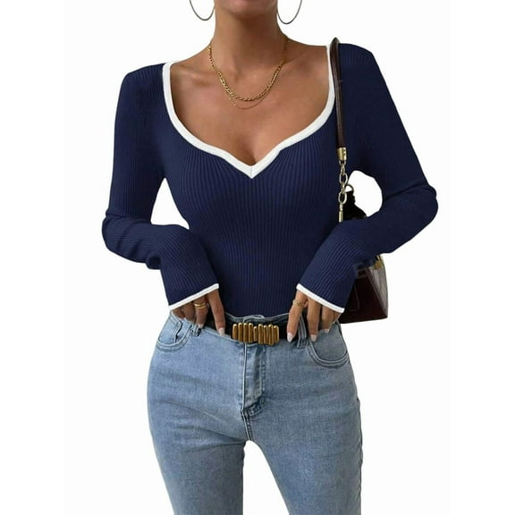 Women'S Sweetheart Neck Long Sleeve T Shirt Rib Knitted Contrast Binding Tee Tops Navy Blue S