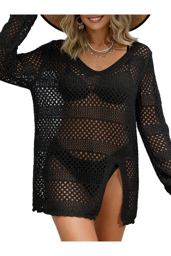 Women'S Swimsuit Cover Up Crochet Bathing Suit Mesh Swimwear Knit Pullover Beach Dress Black One size