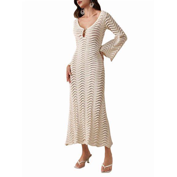 Women'S Swimsuit Crochet Cover-Up Knitted Swimwear Spring and Autumn Tight Beach Dress Holiday Wear Apricot S