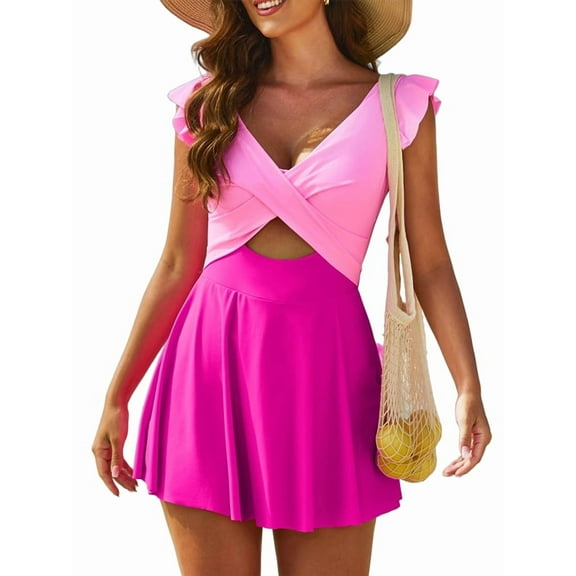 Women'S Swimsuit Ruffle Cutout Swimdress Tummy Control V Neck Wrap Swimwear Light Pink&Rose Red M