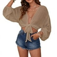 thumbnail image 1 of Women'S Swimwear Cover Ups Tops Tunic Self-Tie Swimsuit Bikini Bathing Suit Long Sleeve Soft Beach Shirt for Women Khaki XS, 1 of 8
