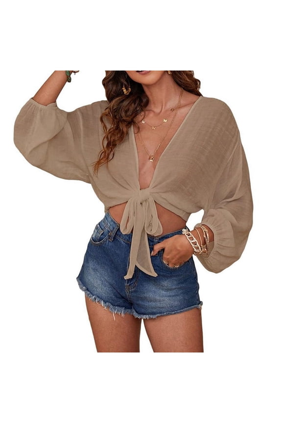 Women'S Swimwear Cover Ups Tops Tunic Self-Tie Swimsuit Bikini Bathing Suit Long Sleeve Soft Beach Shirt for Women Khaki XS