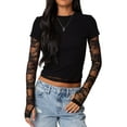 thumbnail image 1 of Women'S T-Shirt Slim Fit Lace Panel Sleeves Crop Top with Thumb Hole Round Neck Y2K Style for A Trendy Look Black XL, 1 of 5