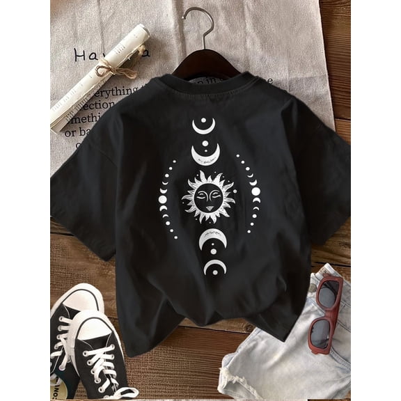 Women'S T-Shirt - Soft Breathable Everyday Tee with Mystical Sun & Moon Graphic, Relaxed Fit Shirt, Celestial Print Shirt, Comfortable Fabric, Short Sleeve Shirt, Boho Chic