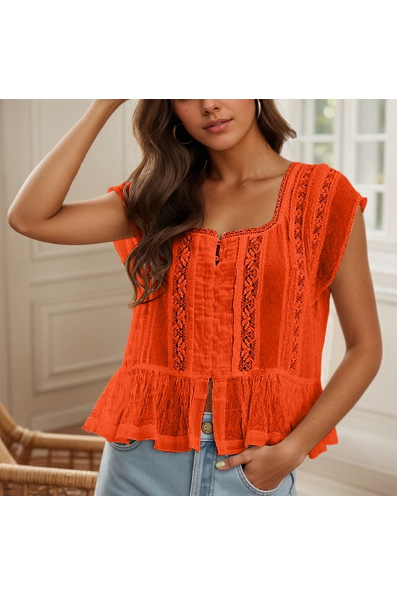 Women'S T Shirts Ruffle Bow Tie Peplum Tops Boho Sheer Flowy Short Sleeve Blouse Lace Eyelet Frilly Top Shirt Red M