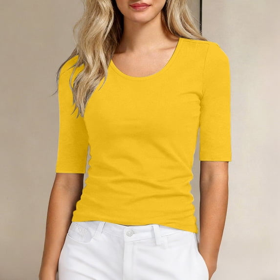 Women'S T Shirts Slim Fit Mid Length Sleeve T Shirt Soft Basic Round Neck Top For Summer Casual Wear Comfortable Stretchy Tee Yellow L
