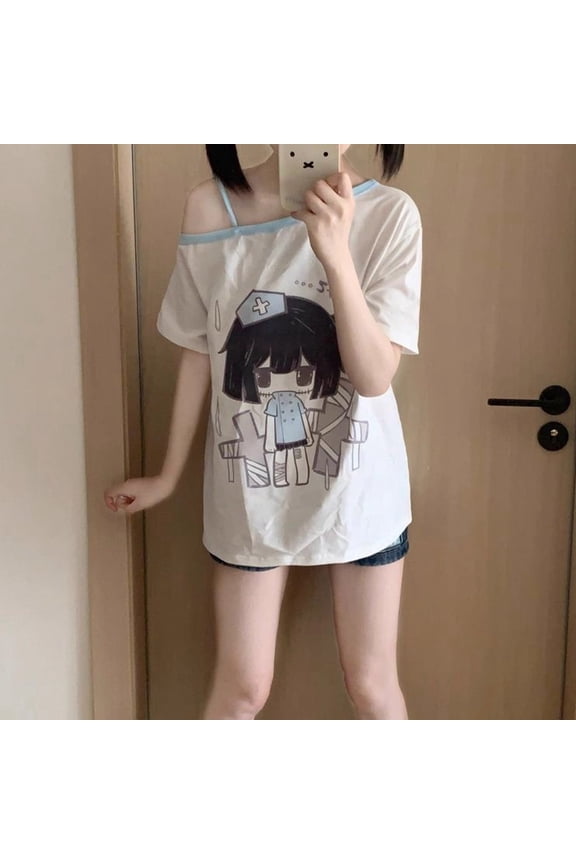 Women'S T Shirts Style Off Shoulder Casual T Shirt For Loose Fit Summer Short Sleeve Top Cute Anime Graphic Tee Unique Design White XL
