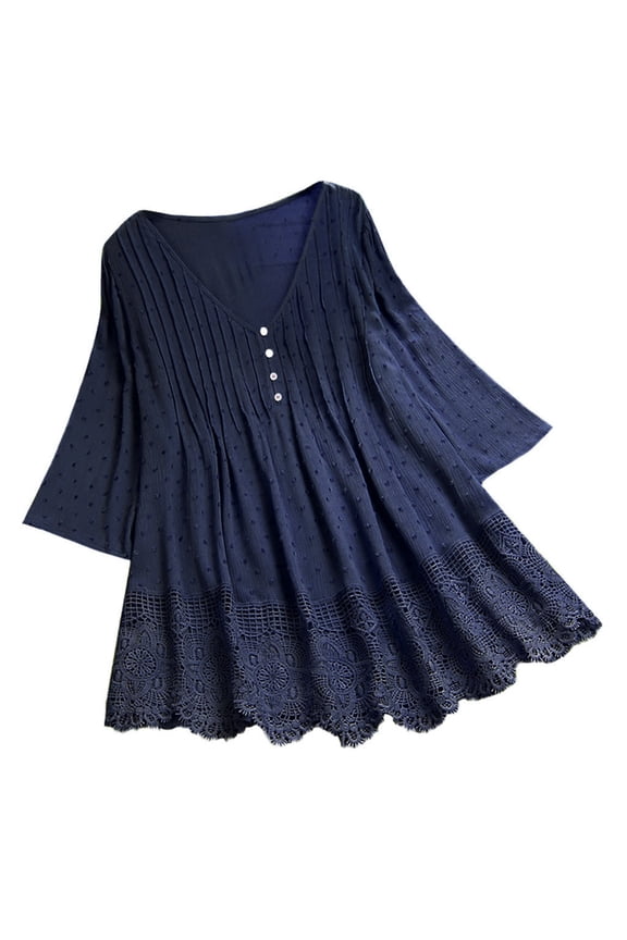 Women'S T Shirts Three Quarter Lace V Neck Plus Size Top T Shirt Blouse Navy 5XL
