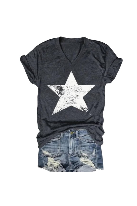 Women'S T Shirts V Neck Short Sleeve Fashion Star Printed Womens T Shirts Loose Fit Size XL