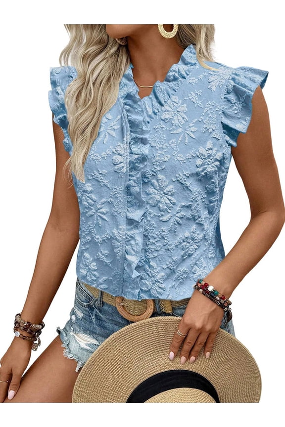 Women'S Tank Pullover Ruffle Jacquard Short Sleeve Blouse Elegant Casual Summer Top Light Blue L
